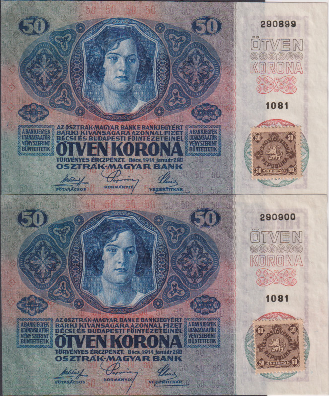 50 Koruna 1913, stamp 1919, series 1081, sequence of two consecutive numbers 290...