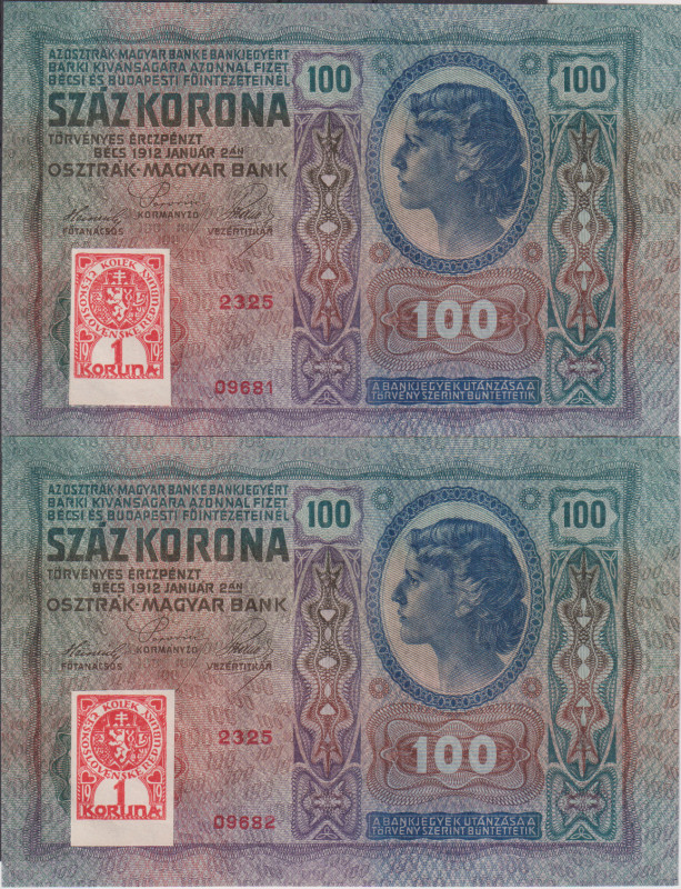 100 Koruna 1912, stamp 1919, series 2325, sequence of two consecutive numbers 09...