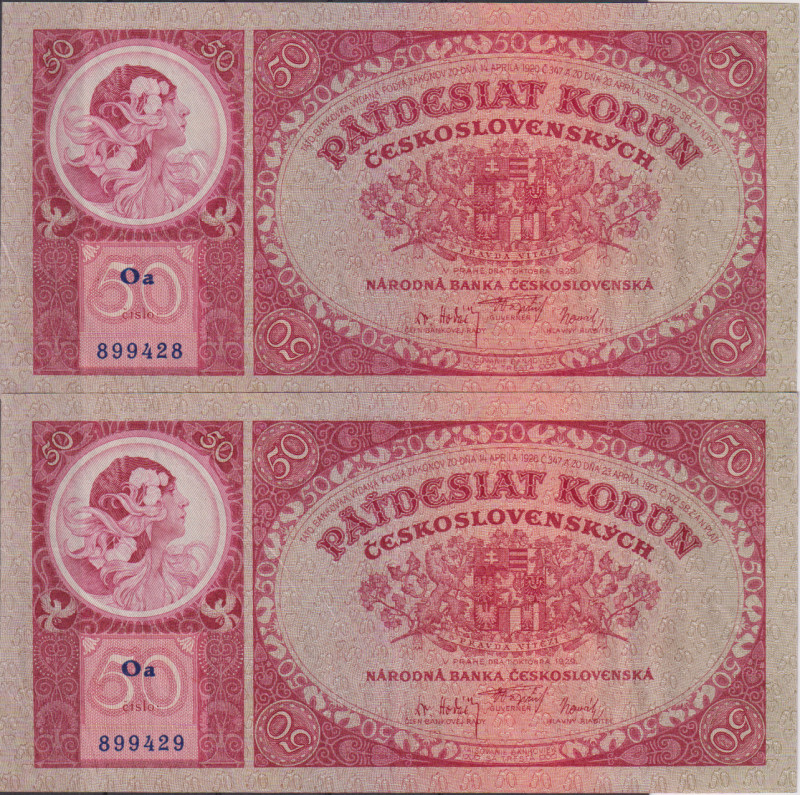 50 Koruna 1929, sequence of two consecutive numbers 899428 and 899429, BKK 24b, ...