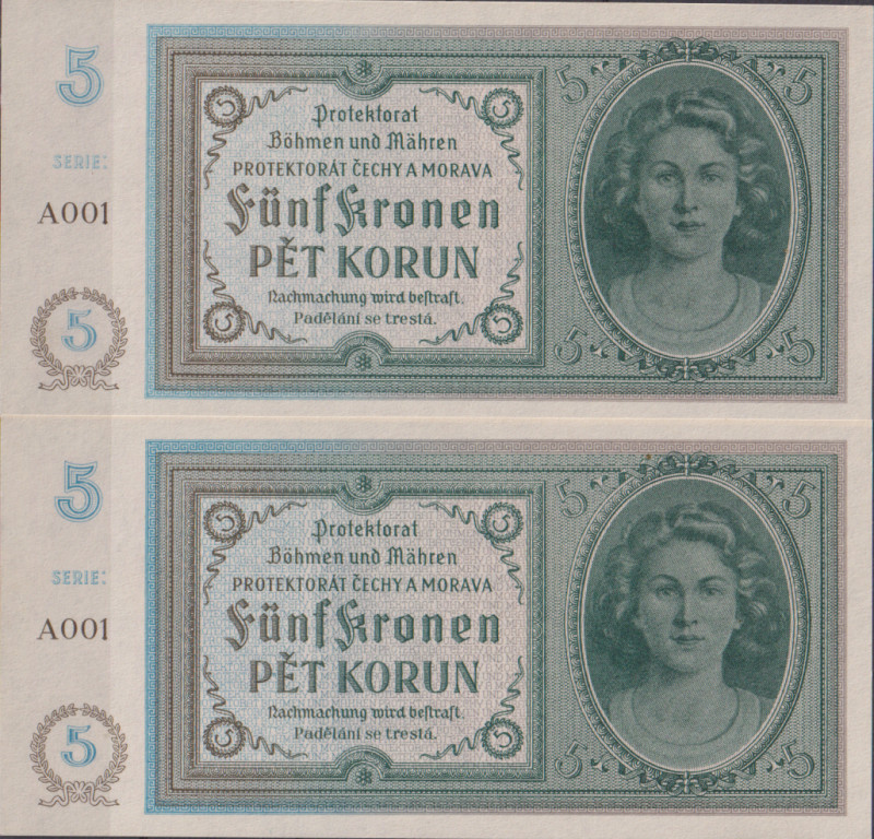 5 Koruna ND(1940), the first series A 001(!), 2 pcs, traces of glue, BKK 31, Hej...