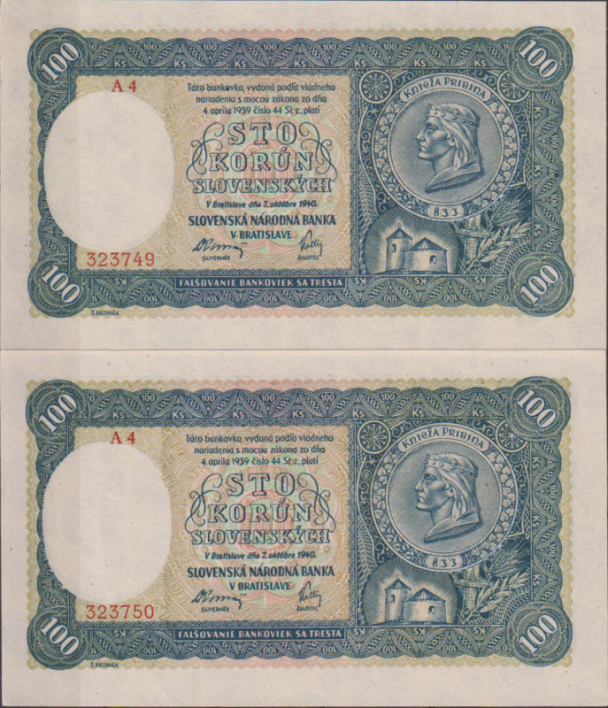 100 Koruna 1940, II.issue, series A 4, sequence of two consecutive numbers 32374...