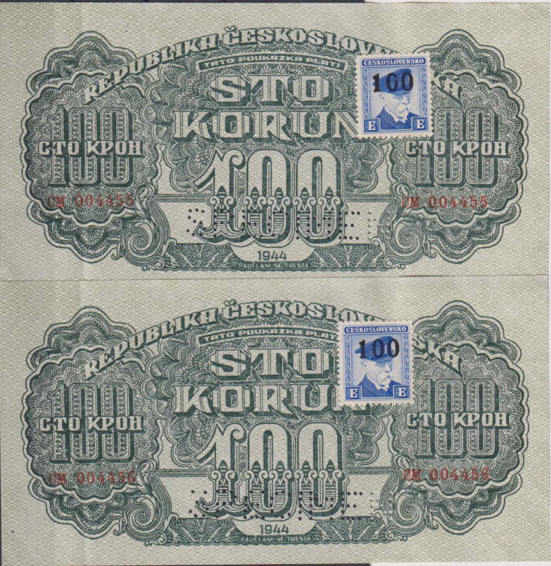 100 Koruna 1944, stamp 1954, series CM, sequence of two consecutive numbers 0044...