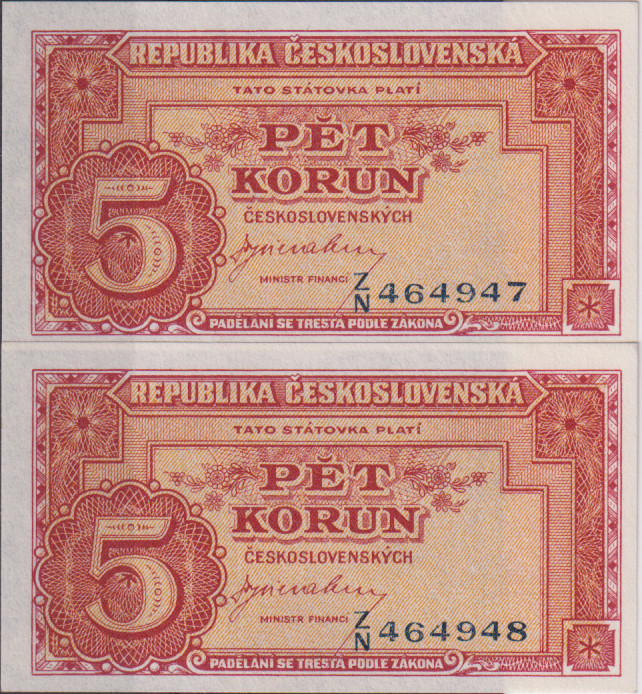 5 Koruna ND(1945), series Z/N, sequence of two consecutive numbers 464947 and 46...