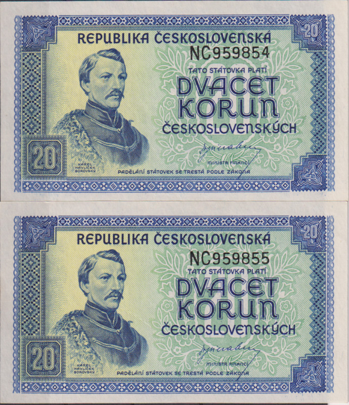 20 Koruna ND(1945), series Z/N, sequence of two consecutive numbers 959854 and 9...