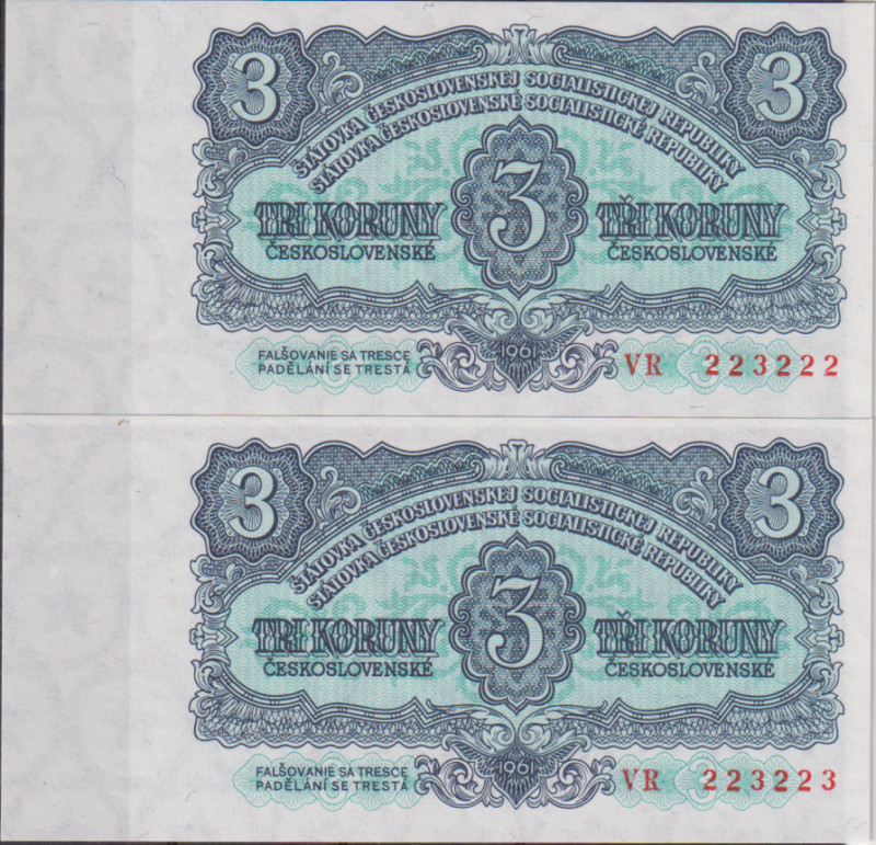 3 Koruna 1961, series VR, sequence of two consecutive numbers 223222 and 223223,...