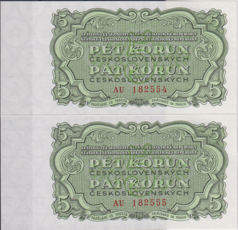 5 Koruna 1961, series AU, sequence of two consecutive numbers 182554 and 182555,...