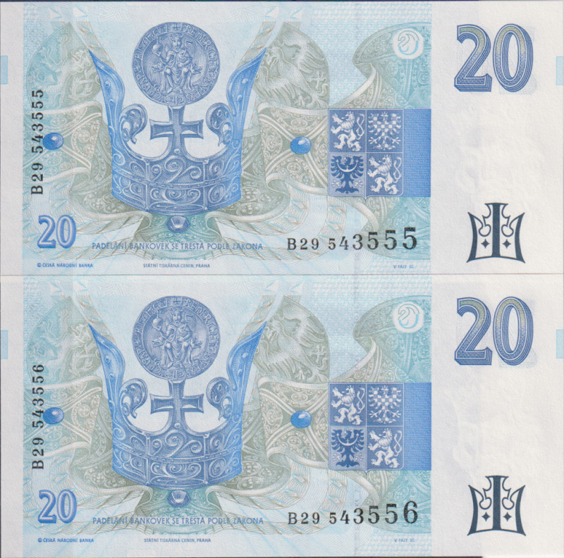 20 Koruna 1994, series B 29, sequence of two consecutive numbers 543555 and 5435...