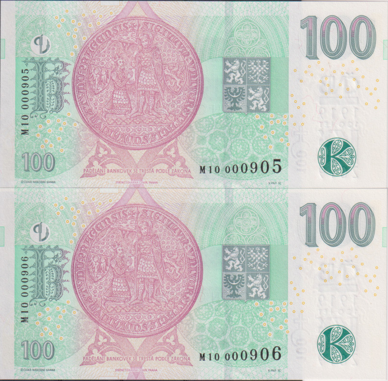 100 Koruna 2018, overprint 2019, series M 10, sequence of two consecutive number...