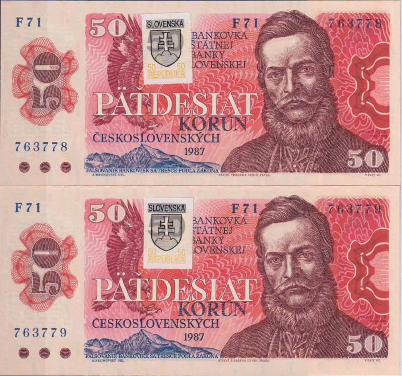 50 Koruna 1987, stamp 1993, series F 71, sequence of two consecutive numbers 763...