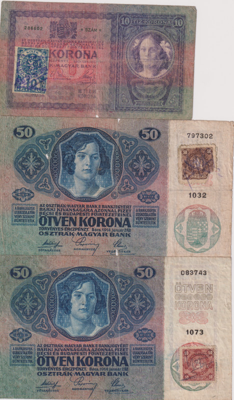 10 Koruna 1904, 50 Koruna 1914, forged stamps 1919, 3 pcs, BKK NL, 4; Hej NL, 4...