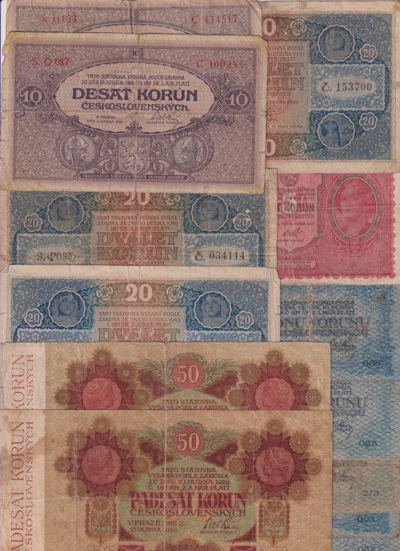 1 - 50 Koruna 1919, including better type of 10 Koruna 1919 series S.H, all with...