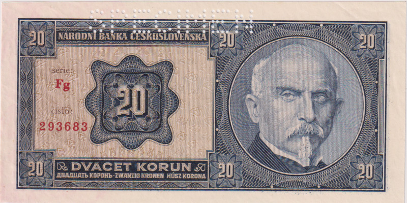 20 Koruna 1926, series Fg, perforation SPECIMEN made from the reverse, BKK 21b2,...