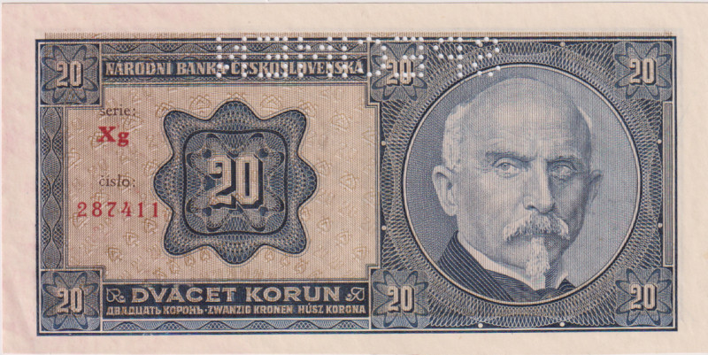 20 Koruna 1926, series Xg, SPECIMEN, ERROR - reverse underprint shifted up, BKK ...