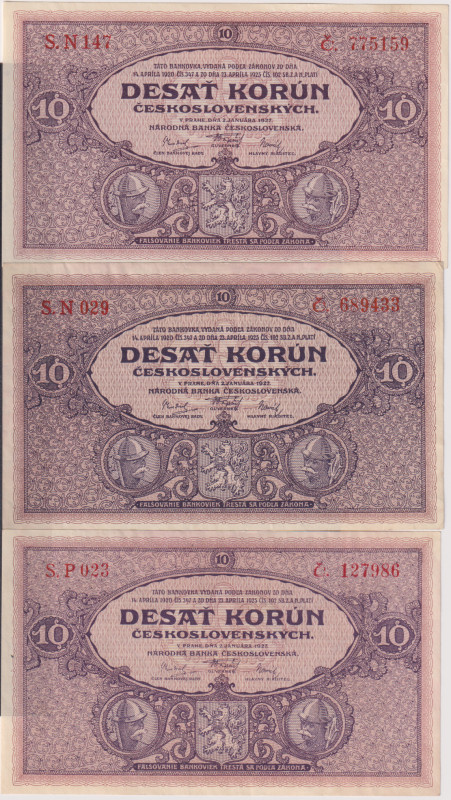 10 Koruna 1927, series S.P 023, S.N 029, S.N 147, without perforation, 3 pcs, BK...