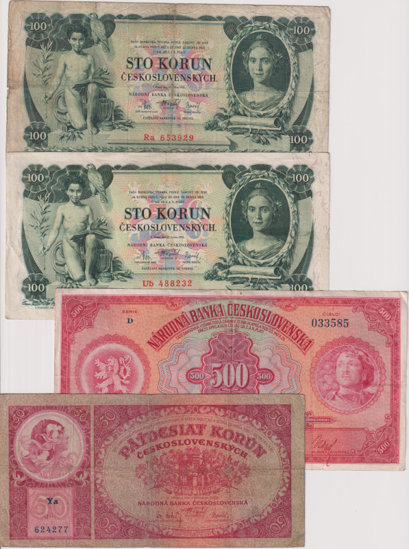 50, 100 a 500 Koruna 1929 - 1931, without perforation, 4 pcs, BKK 23 - 25, Hej 2...