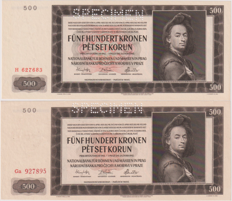 500 Koruna 1942, I. a II.issue, series, H, Ga, SPECIMEN, 2 pcs, BKK 35, 36; Hej ...