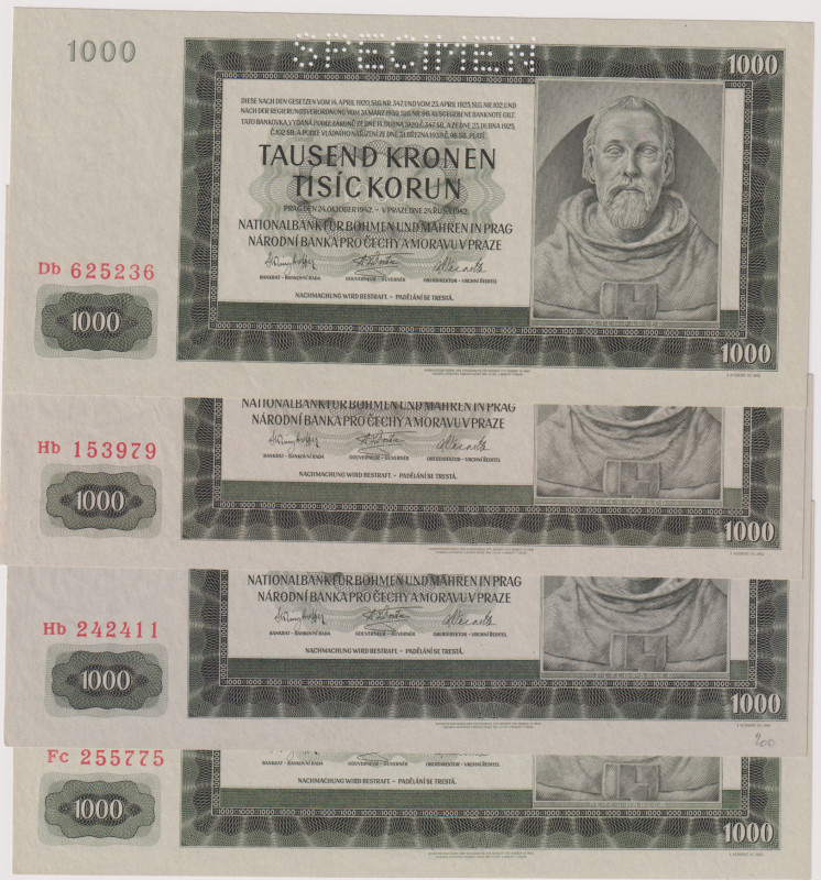 1000 Koruna 1942, II. a III.issue, series, Db, Hb, Fc, SPECIMEN, 4 pcs, BKK 39ab...