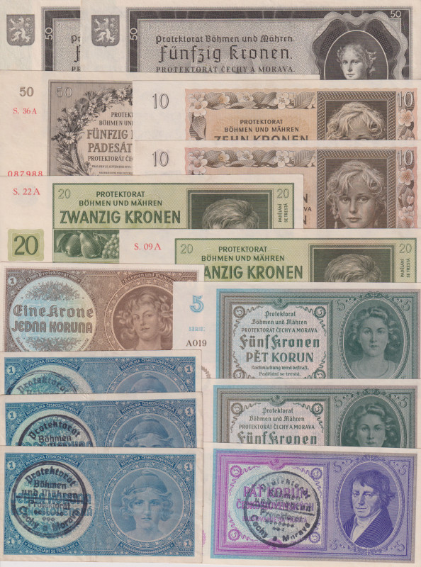 1 - 50 Koruna, 1940 - 1944, without perforation, 14 pcs, BKK 28 - 42, Hej 28 - 4...