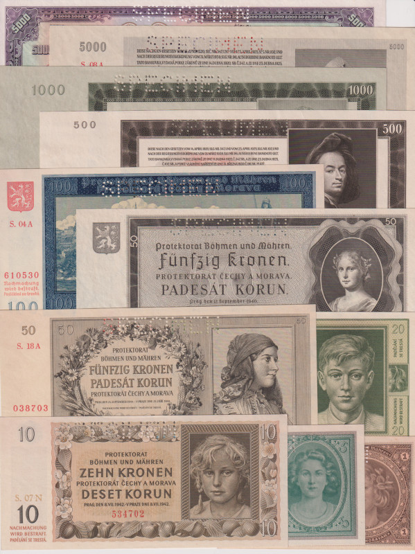 1 - 5000 Koruna, ND(1940) - 1944, all with perforation SPECIMEN, 11 pcs, BKK 30 ...