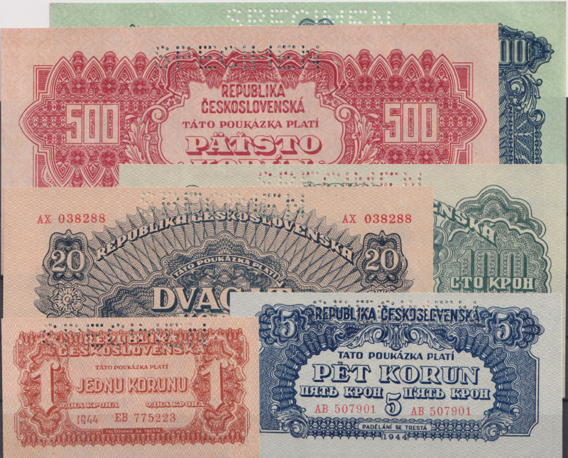 1 - 1000 Koruna 1944, all with perforation SPECIMEN, 6 pcs, BKK 56 - 61, Hej 56 ...