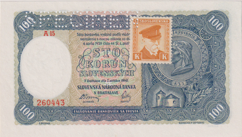 100 Koruna 1940, stamp 1945, I.issue, series A 15, SPECIMEN, BKK 62b, Hej 62a2
...