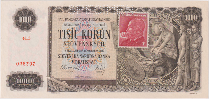 1000 Koruna 1940, stamp 1945, series 4L3, SPECIMEN,BKK 65, Hej 65
aUNC