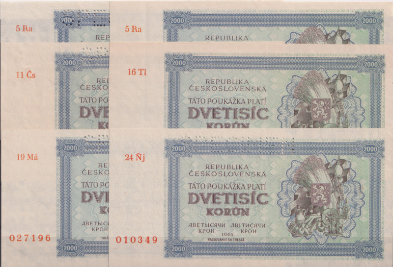 2000 Koruna 1945, series 5Ra, 11Čs, 16Tl, 19Má a 24Ňj, all with perforation SPEC...