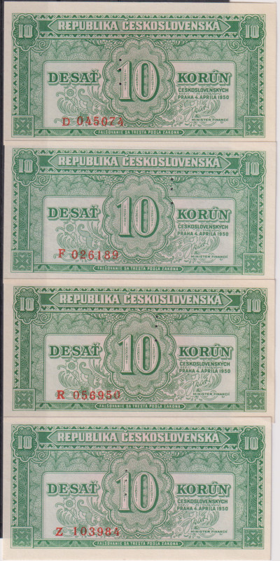 10 Koruna 1950, series D, F, R a Z, all with perforation "3md", 4 pcs, BKK 84a, ...