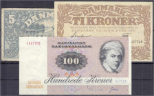Ausland
Dänemark
3 Scheine zu 5, 10 u. 100 Kroner 1918, 1937 u. 1972. II bis III- Pick. 20, 31c, 51b.