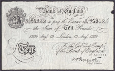 Ausland
Grossbritannien
Bank of England, 10 Pounds 19.8.1936. London. III, Nadelstiche und oben rechts Papierfehler. Pick. 336a.