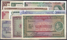 Ausland
Malta
Lot von insgesamt 10 Scheinen ab 1939, dabei Werte in Lira, Pounds und Shillings. unterschiedlich erhalten