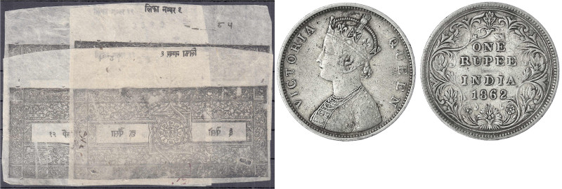 Ausland
Nepal
4 Geldscheine mit Abbildung einer Münze zu 1 Mohar 1825, sehr dü...