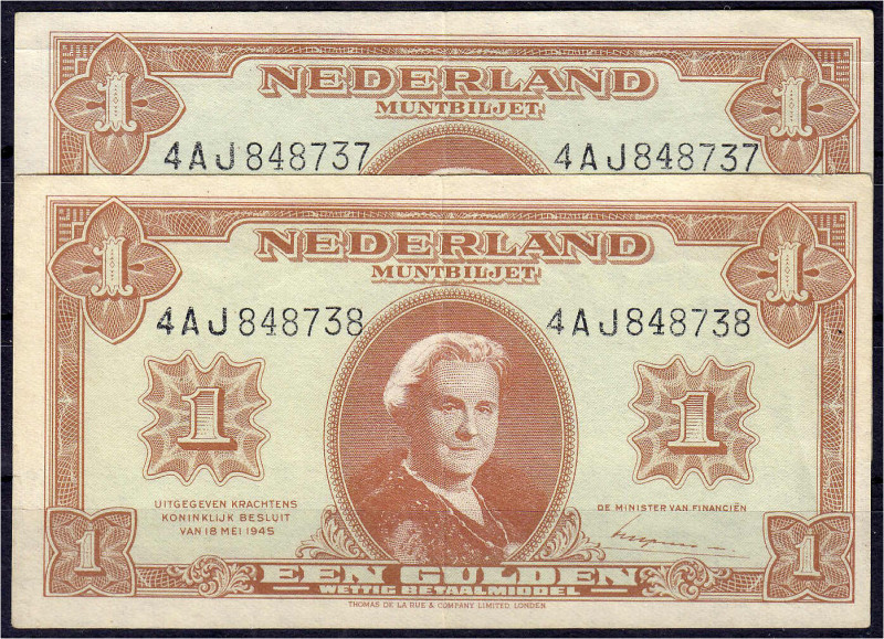 Ausland
Niederlande
1 Gulden 18.5.1945. Paar KN. Fortlaufend 4AJ848737 - 4AJ84...
