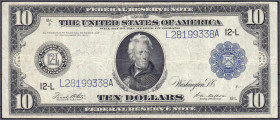 Ausland
Vereinigte Staaten von Amerika
10 Dollar Serie 1914 mit blauer KN. III-/IV+ Pick 360.