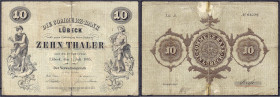 Altdeutschland
Lübeck
Comerz-Bank, 10 Thaler 1.7.1865 (1866). Rs. Lit. A, KN. 02529. IV- Grabowski/Kranz 183. Pick A145.