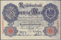 Die deutschen Banknoten ab 1871 nach Rosenberg
Deutsches Reich, 1871-1945
20 Mark 7.2.1908. Udr.-Bst. K./Serie C. I-, selten in dieser Erhaltung. Ro...