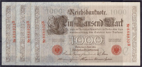 Die deutschen Banknoten ab 1871 nach Rosenberg
Deutsches Reich, 1871-1945
3 X 1 Tsd. Mark (brauner Tausender) 21.4.1910. KN. 6-stellig und fortlaufe...