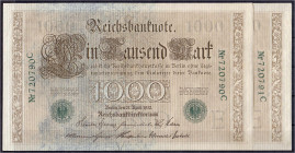 Die deutschen Banknoten ab 1871 nach Rosenberg
Deutsches Reich, 1871-1945
2 X 1 Tsd. Mark (brauner Tausender) 21.4.1910. KN. 6-stellig und fortlaufe...