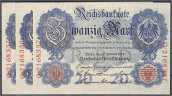 Die deutschen Banknoten ab 1871 nach Rosenberg
Deutsches Reich, 1871-1945
3 X 20 Mark 19.2.1914. KN. 7-stellig u. fortlaufend 2168335 - 2168337. Udr...