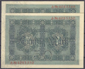 Die deutschen Banknoten ab 1871 nach Rosenberg
Deutsches Reich, 1871-1945
2 X 50 Mark 5.8.1914. Paar mit fortlaufender KN. Serie A 4085349 - 4085350...