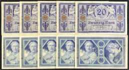 Die deutschen Banknoten ab 1871 nach Rosenberg
Deutsches Reich, 1871-1945
10 X 20 Mark 4.11.1915. Fortlaufende KN. 3956377 - 3956386, Serie B, Udr.-...