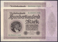 Die deutschen Banknoten ab 1871 nach Rosenberg
Deutsches Reich, 1871-1945
2 X 100 Tsd. Reichsmark 1.2.1923. 2 X gleiche KN. 06661366, nur Serie unte...