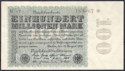 Die deutschen Banknoten ab 1871 nach Rosenberg
Deutsches Reich, 1871-1945
100 Mio. Mark 22.8.1923. Wz. Hakensterne, KN. 6-stellig rotbraun, Fz: N-7,...