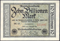 Die deutschen Banknoten ab 1871 nach Rosenberg
Deutsches Reich, 1871-1945
10 Bio. Mark 1.11.1923. Kn. 6-stellig, Wz. Hakensterne, Serie DK-27. II-, ...