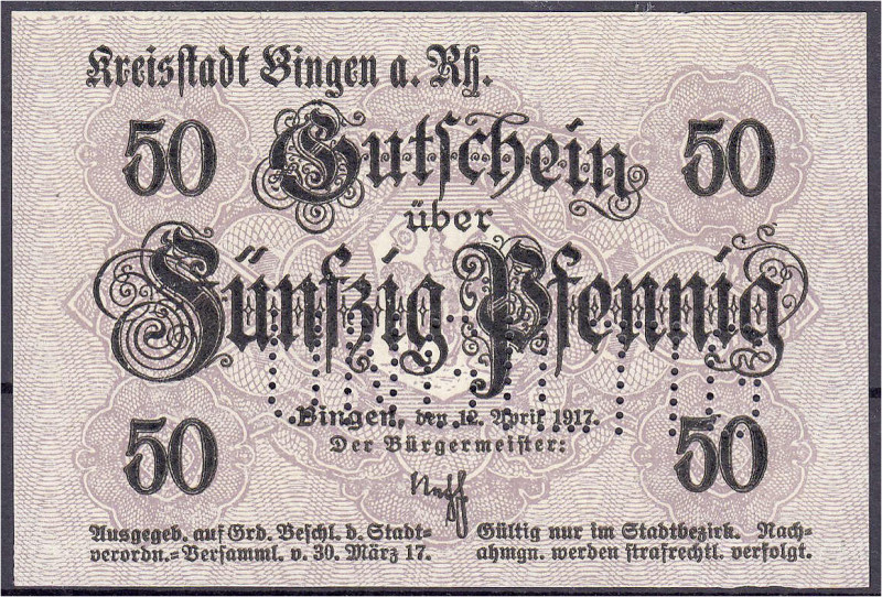 Deutsches Notgeld und KGL
Bingen (Hessen)
Stadt, 50 Pfg. 12.4.1917. „0“ der WZ...