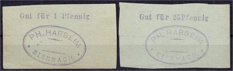 Deutsches Notgeld und KGL
Eisenach (Thüringen)
PH. Harseim, 1 u. 25 Pfg. o.D.,...