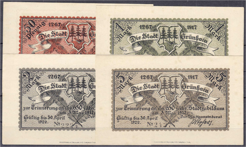 Deutsches Notgeld und KGL
Grünhain (Sachsen)
Stadt, 4 Scheine zu 50 Pfg., 1, 2...