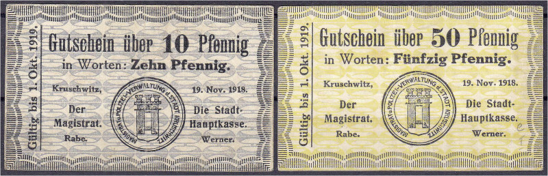 Deutsches Notgeld und KGL
Kruschwitz (Posen)
Stadt, 10 u. 50 Pfg. 19.11.1918. ...