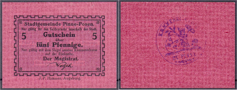 Deutsches Notgeld und KGL
Pinne (Posen)
Stadt, 5 Pfg. o.D. Rs. Stpl. der Kämme...