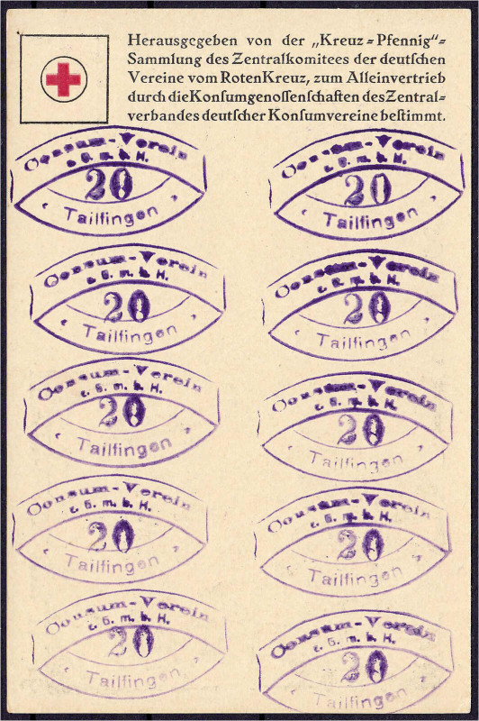 Deutsches Notgeld und KGL
Tailfingen (Württemberg)
Consum-Verein, 10 X 20 Pfg....